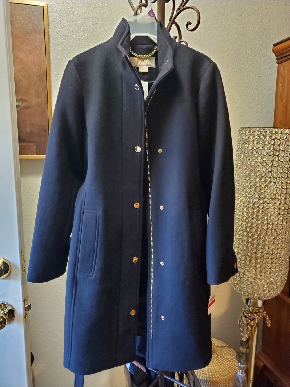 Michael Kors Dark Navy Wool Blend Peacoat with Gold-Tone Buttons